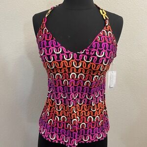 Trina Turk Swim Echo Chain Print Halter Tankini Top Size 4 NEW Gold Chain Accent